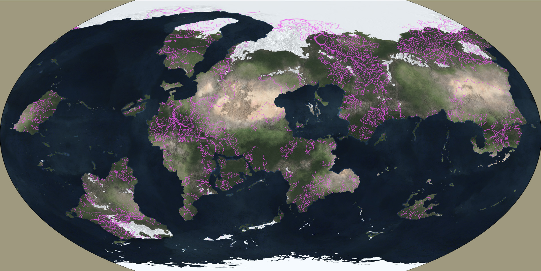 Sample world map, automatically generated rivers (false color)